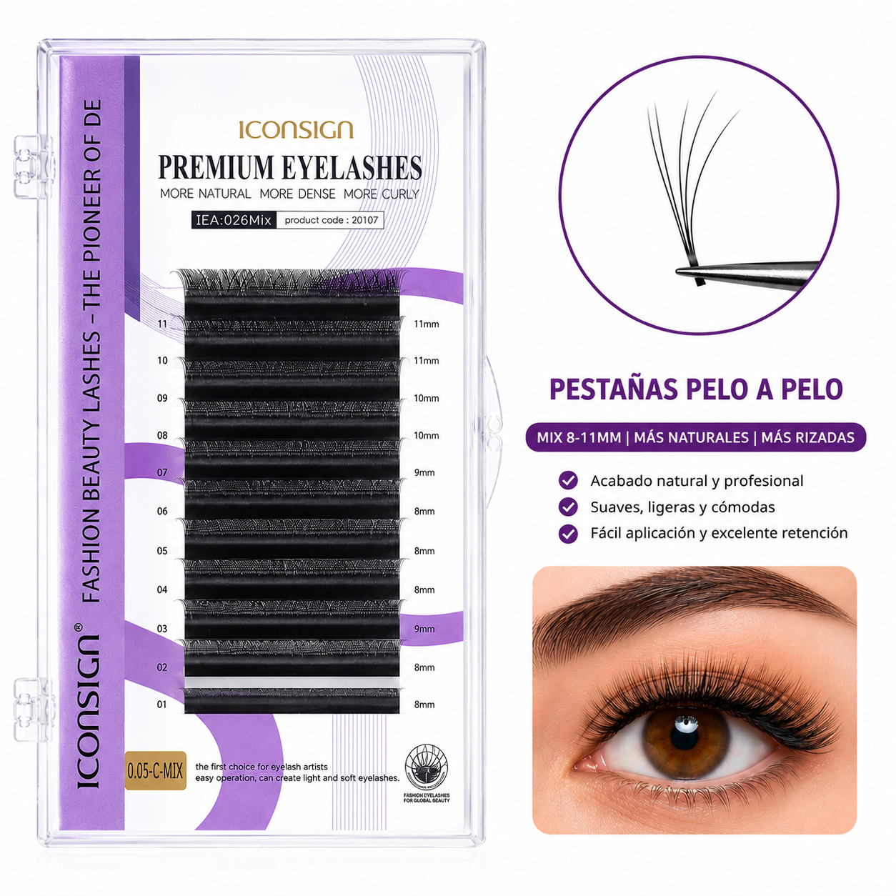 Pestañas Iconsing 1x1 0.05-C Mix Natural 8-12mm